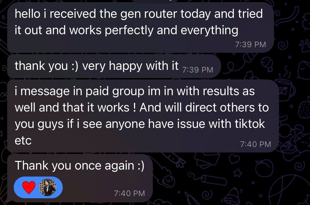 Customer message confirming GenRouter works perfectly